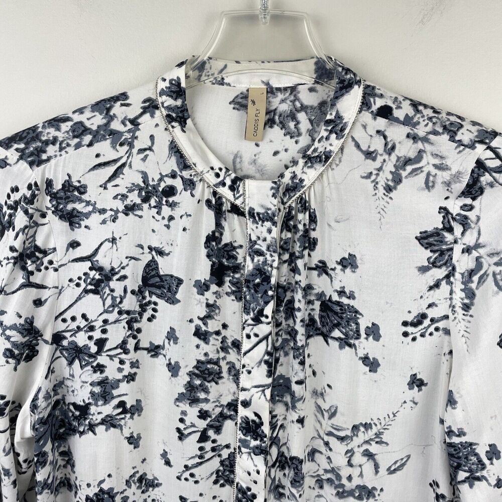 Caddis Fly Popover Tunic Top Womens L Gray White Floral Blouse Butterfly Classic - Picture 4 of 9